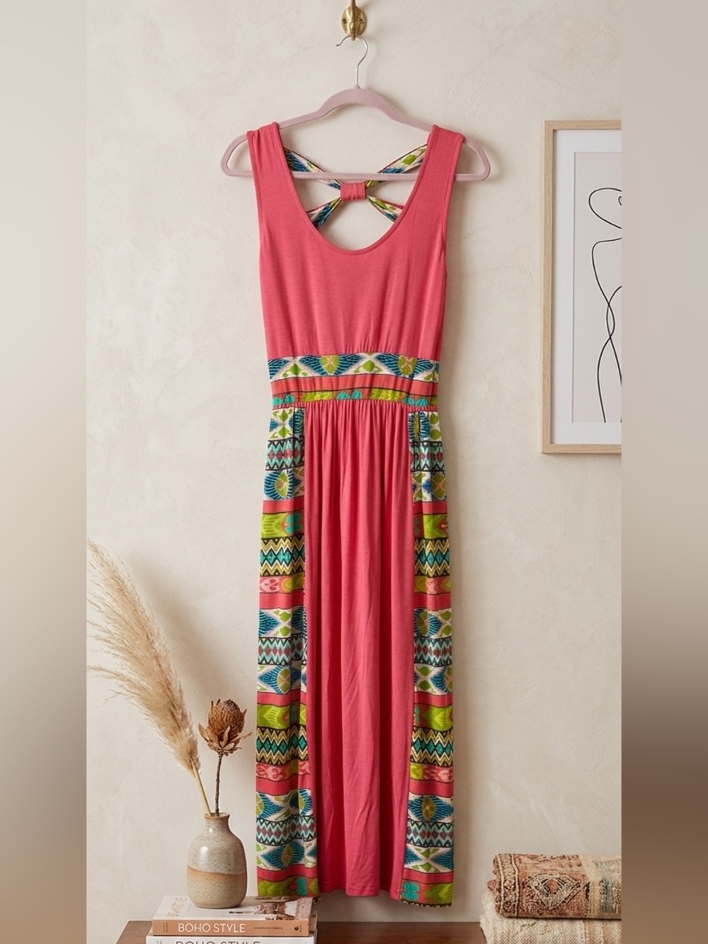 Emerald Bright Coral Dress with Neon Tribal Accents